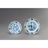 TWO BLUE AND WHITE 'PHOENIX' DISHES, LATE MING