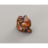 A BOXWOOD NETSUKE OF A MONKEY WITH PEACH