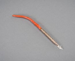 A CORAL, SILVER, AND GOLD PEN, 19th CENTURY