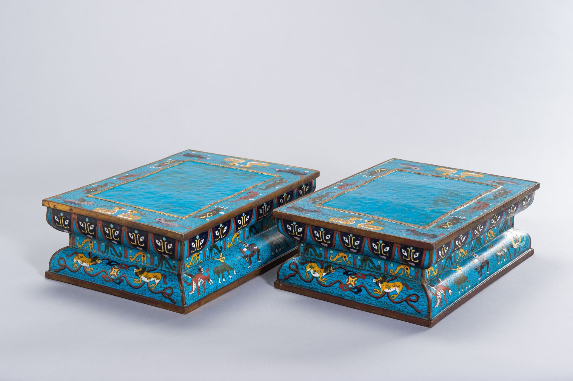 A PAIR OF LARGE GILT BRONZE CLOISONNE BASES