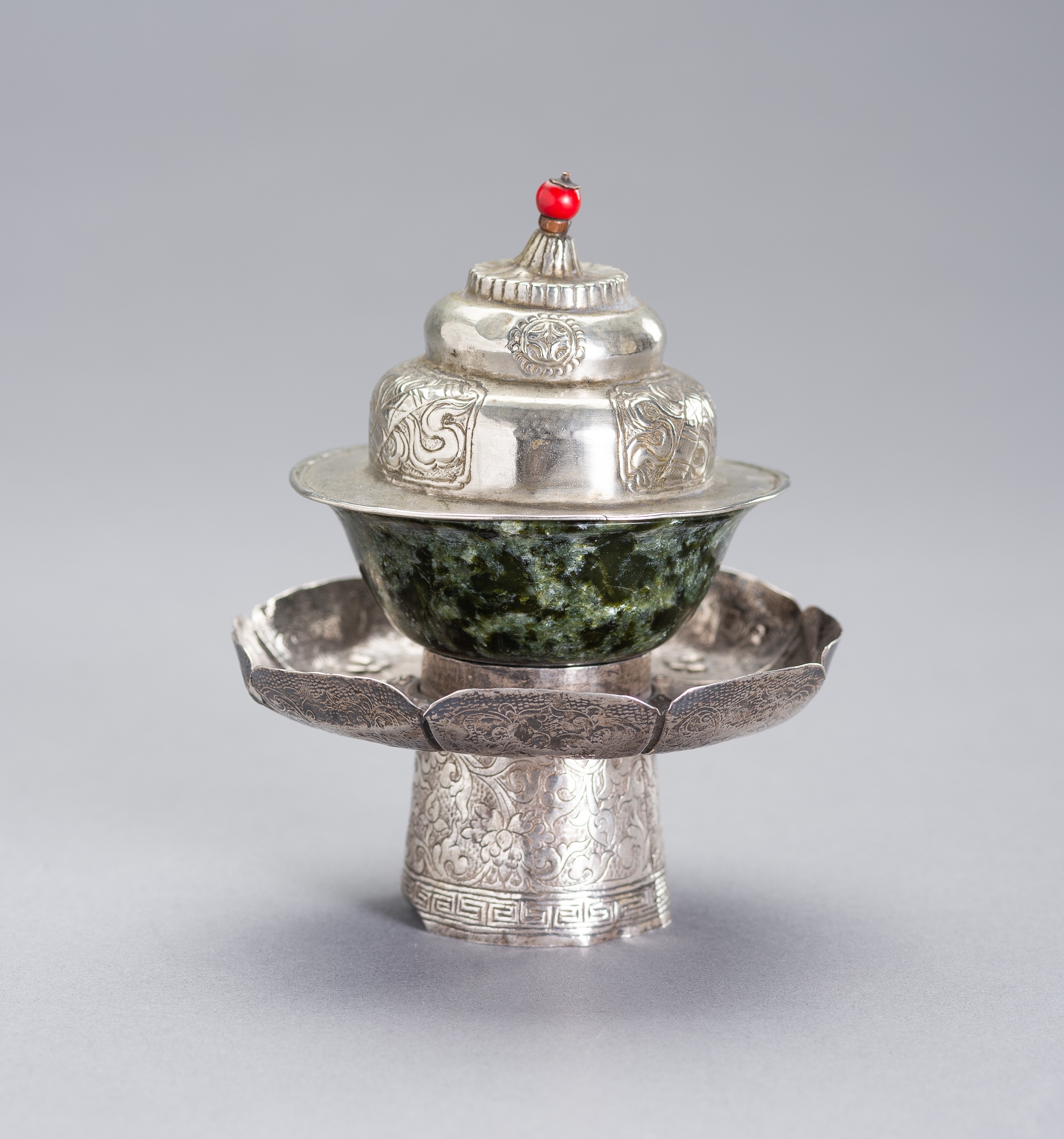 A SILVER AND JADE BUTTER TEA SET