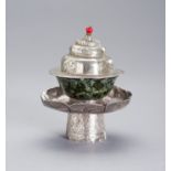 A SILVER AND JADE BUTTER TEA SET