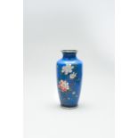 A BLUE CLOISONNE ENAMEL VASE WITH PEONIES