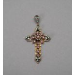 A RUBY, PEARL AND TURQUOISE INSET GILT SILVER CROSS PENDANT