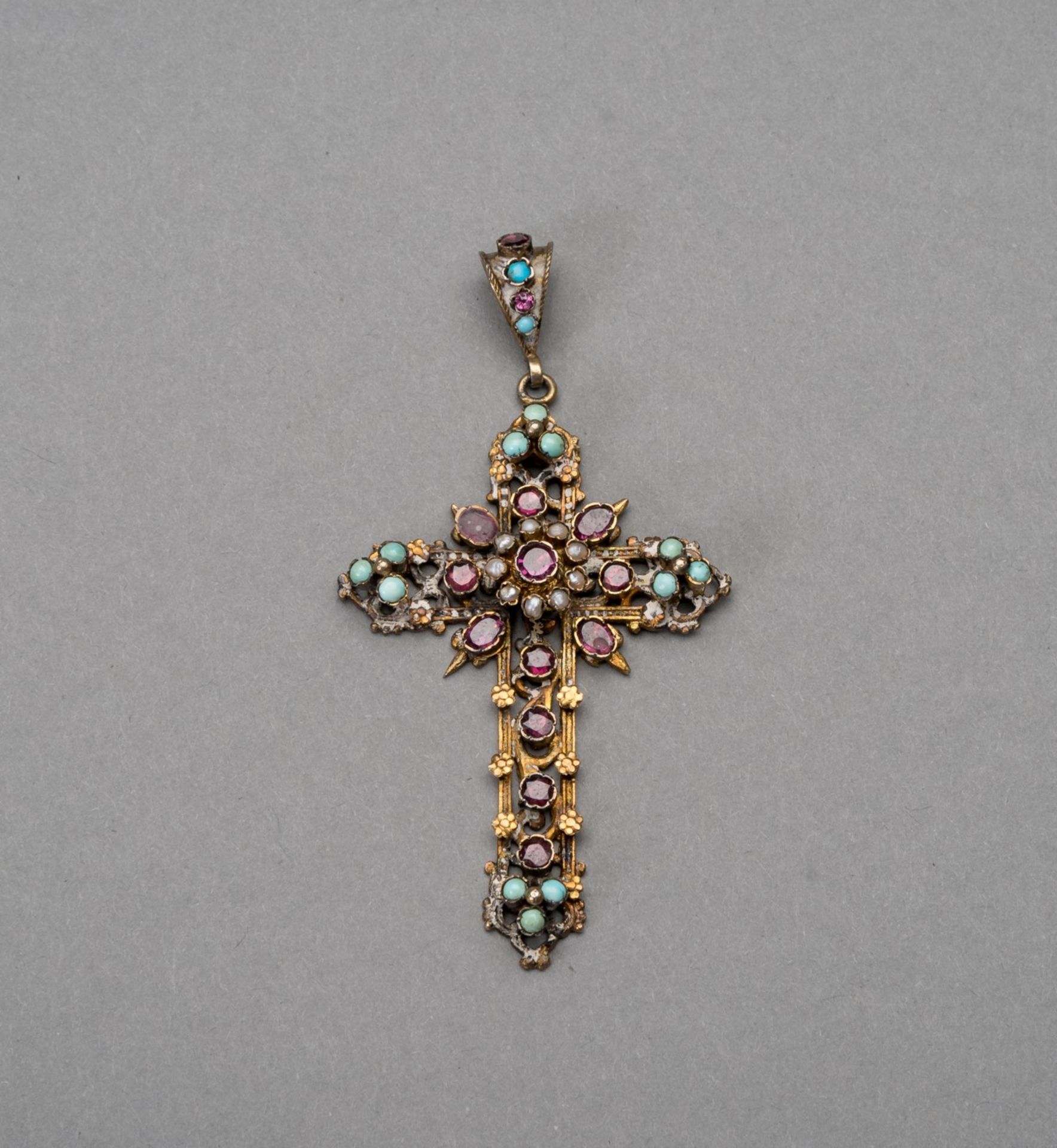 A RUBY, PEARL AND TURQUOISE INSET GILT SILVER CROSS PENDANT