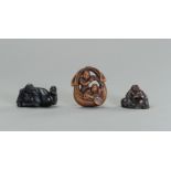 A GROUP OF THREE NETSUKE OF HOTEI AND KARAKO