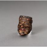 A HINOKI WOOD SAISHIKI MASK NETSUKE OF OKINA