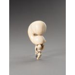 AN IVORY NETSUKE OF A MAN CARRYING A HUGE DOUBLE GOURD