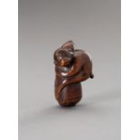 A BOXWOOD NETSUKE OF A MONKEY ON A BAMBOO SHOOT