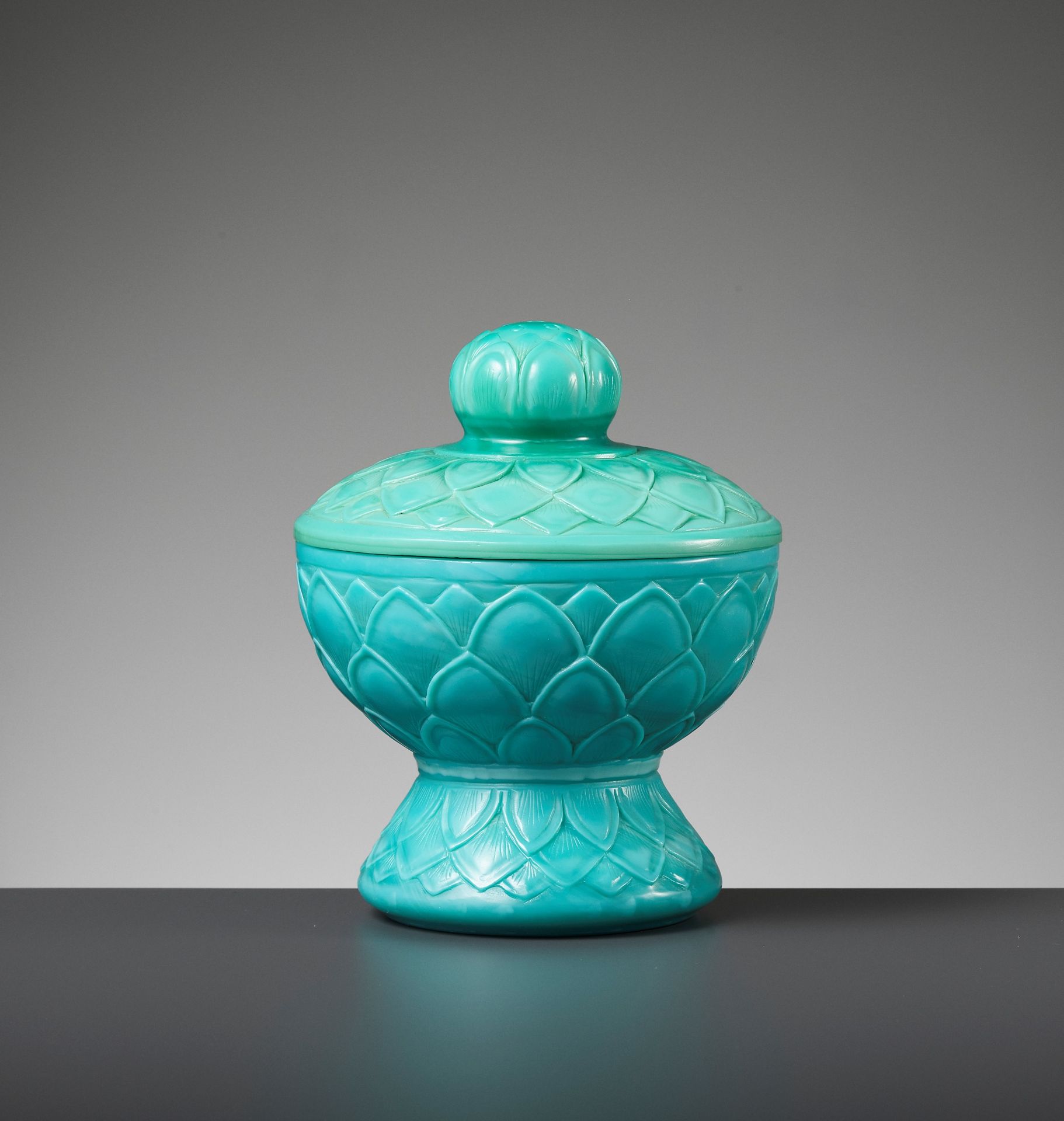 A RARE TURQUOISE PEKING GLASS STEM BOWL AND COVER, QIANLONG MARK AND PERIOD