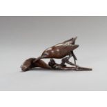 A BRONZE OKIMONO OF A HUMMINGBIRD ON A LEAF, MEIJI PERIOD