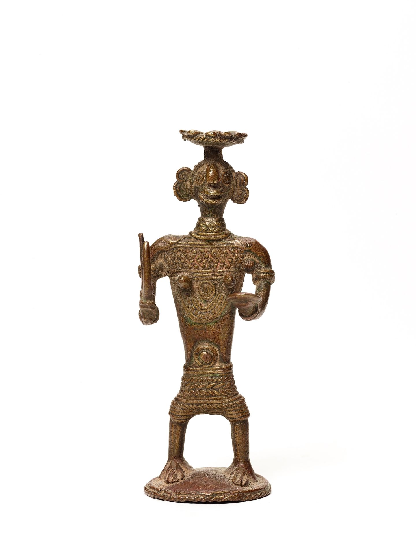 A BASTAR BRONZE OF A FEMALE DEITY WITH TRIDENT AND KHAPPAR