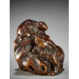 KOKEI: A RARE WOOD NETSUKE OF A GOAT AND YOUNG ON A ROCK