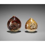 TWO GLAZED CERAMIC (YAKIMONO) NETSUKE OF CHESTNUTS WITH SMALL ANIMALS