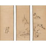 KANO CHIKANOBU: THREE SCROLL PAINTINGS DEPICTING JUROJIN AND DEER, CRANES, AND MINOGAME