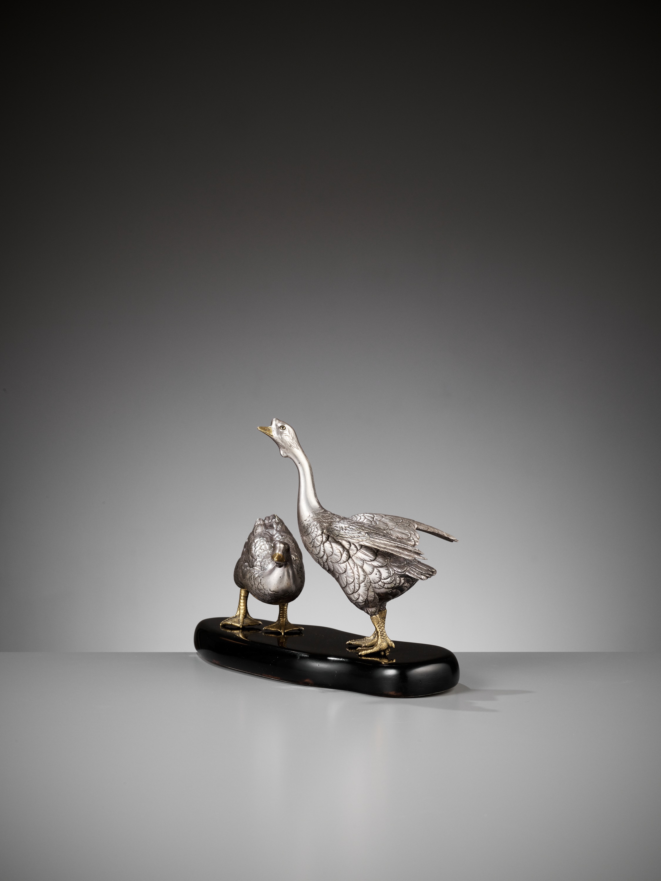 CHIKAYOSHI: A GILT AND SILVERED BRONZE OKIMONO OF TWO GEESE - Image 4 of 9