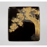 A FINE BLACK AND GOLD LACQUERED SUZURIBAKO WITH CHERRY BLOSSOMS AND MOON