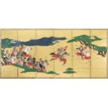 HOGEN KIJOKUNI: A SIX-PANEL BYOBU SCREEN DEPICTING A SCENE FROM THE BATTLE OF ICHINOTANI