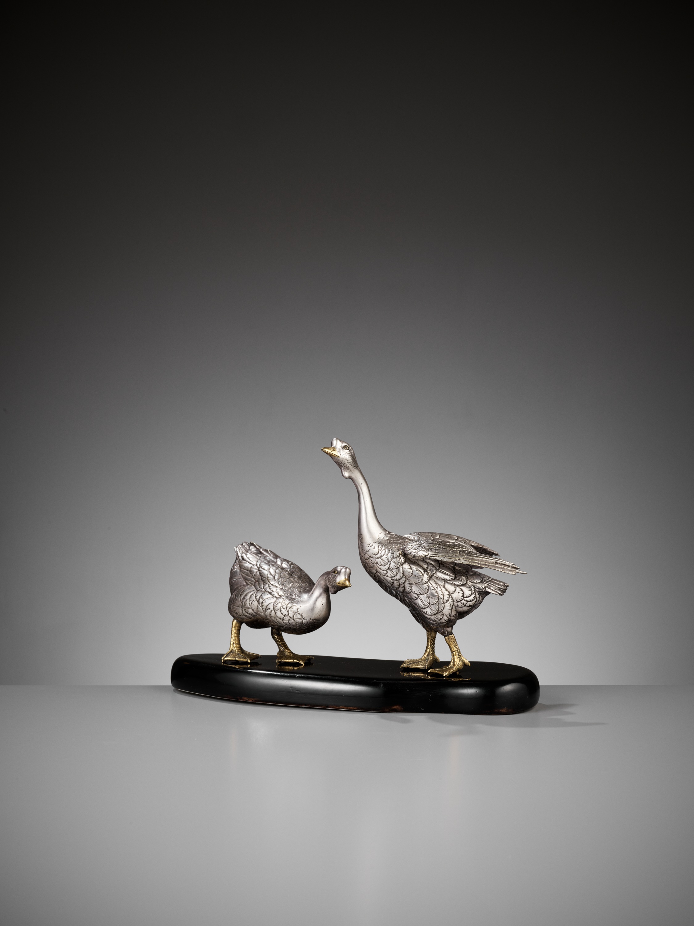 CHIKAYOSHI: A GILT AND SILVERED BRONZE OKIMONO OF TWO GEESE - Image 3 of 9