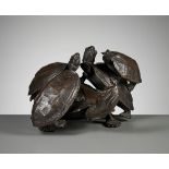 A LARGE BRONZE OKIMONO OF FIVE TURTLES