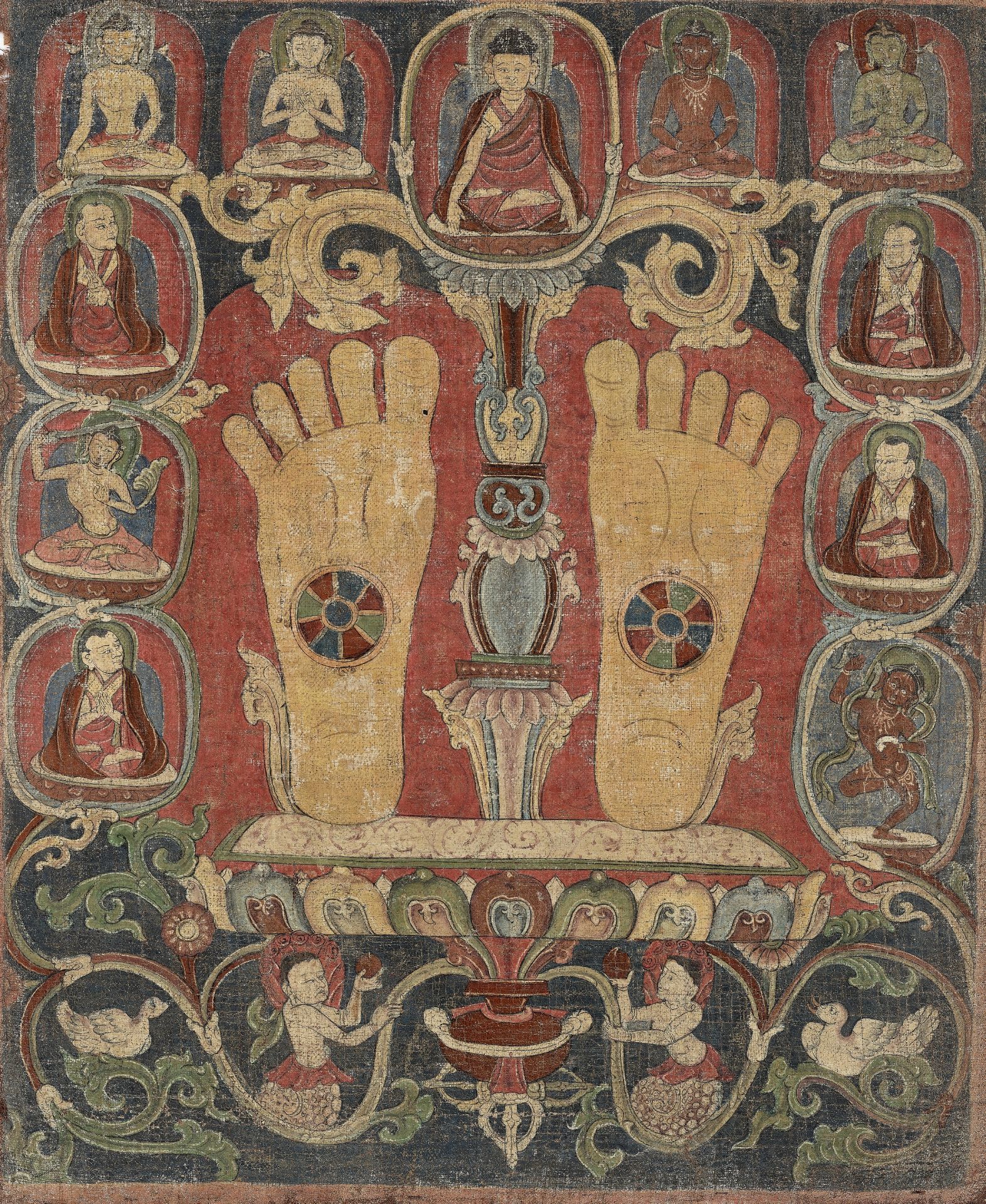 A RARE THANGKA WITH THE FOOTPRINTS OF A KARMAPA, TIBET, 14TH - 16TH CENTURY