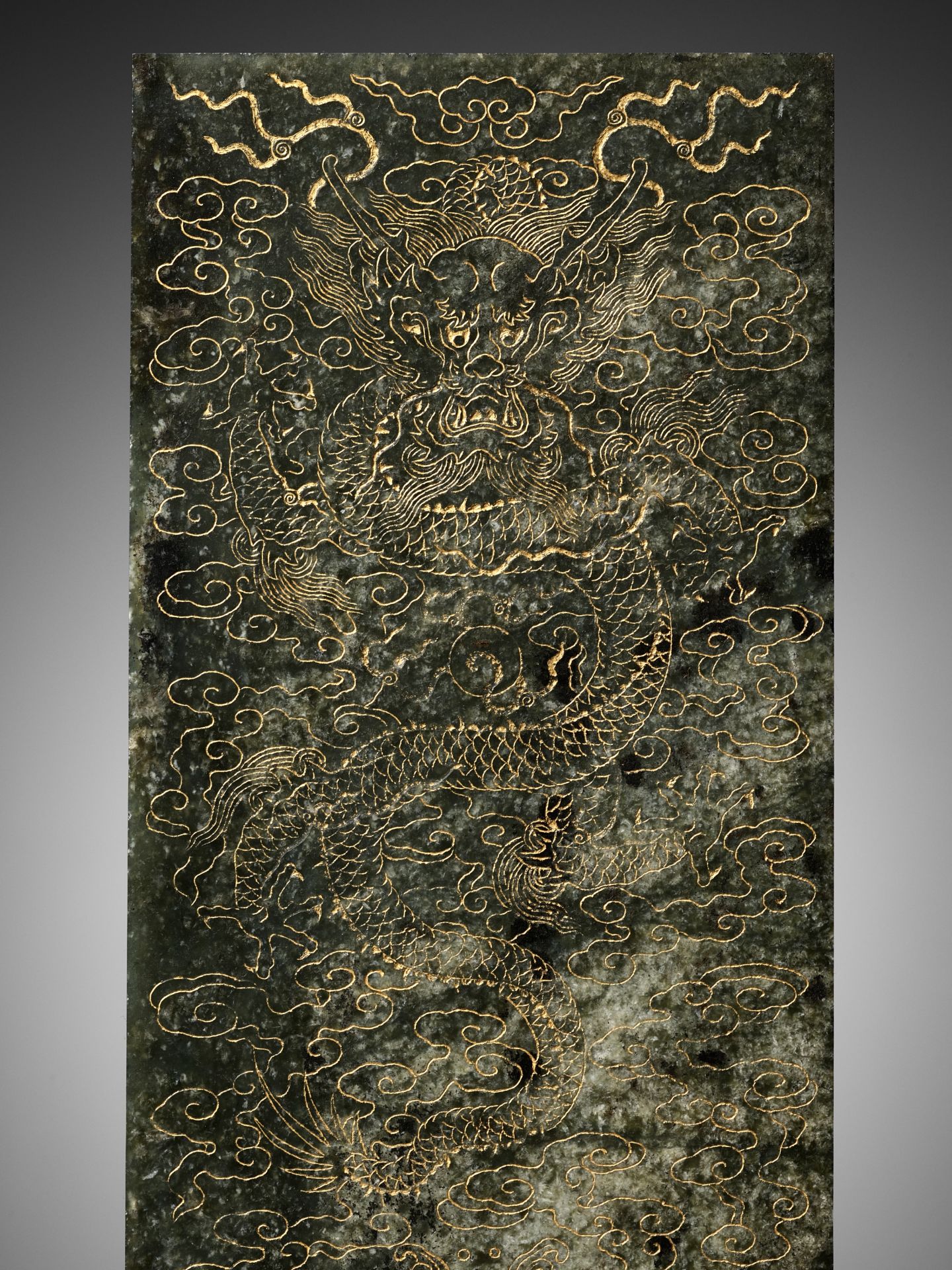 AN IMPERIAL 'YUNLONG' BOOK COVER, INSCRIBED BY EMPEROR QIANLONG, CARVED SPINACH-GREEN JADE, DATED BI - Image 10 of 15
