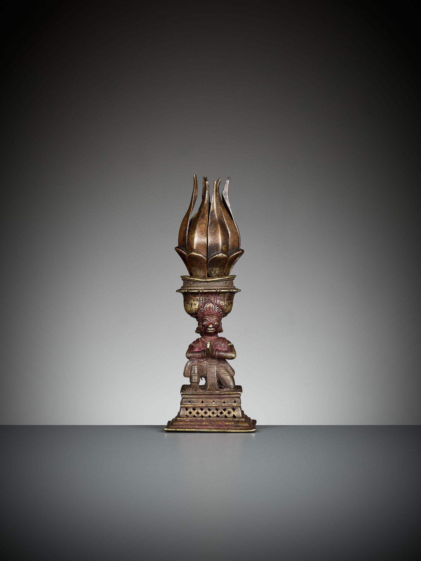 A BRONZE 'LOTUS MANDALA' LINGAM STAND WITH HANUMAN - Image 3 of 12