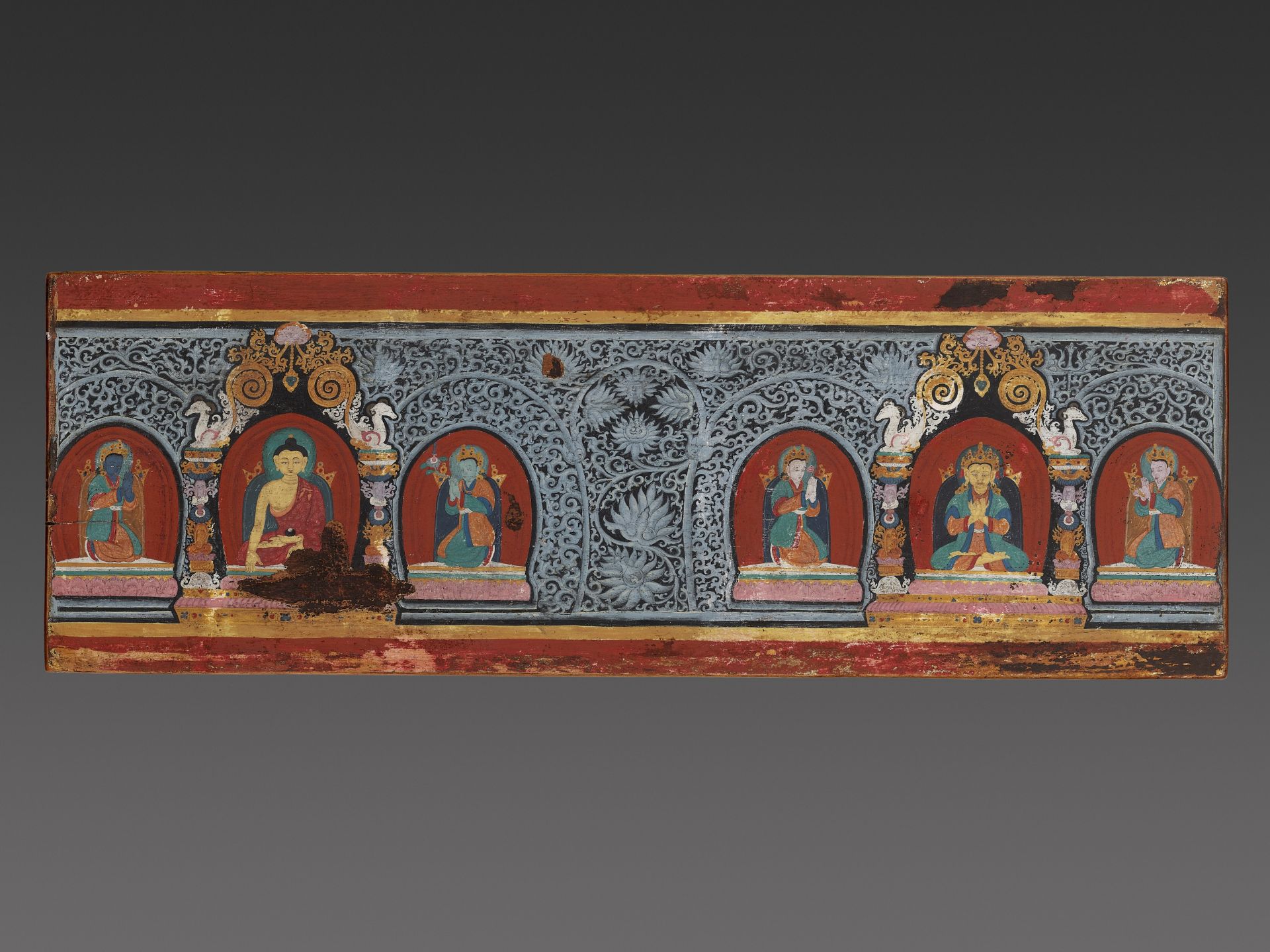 A RARE AND VERY LARGE PAINTED WOOD SUTRA COVER, NEPAL, CIRCA 1450 - Image 2 of 8