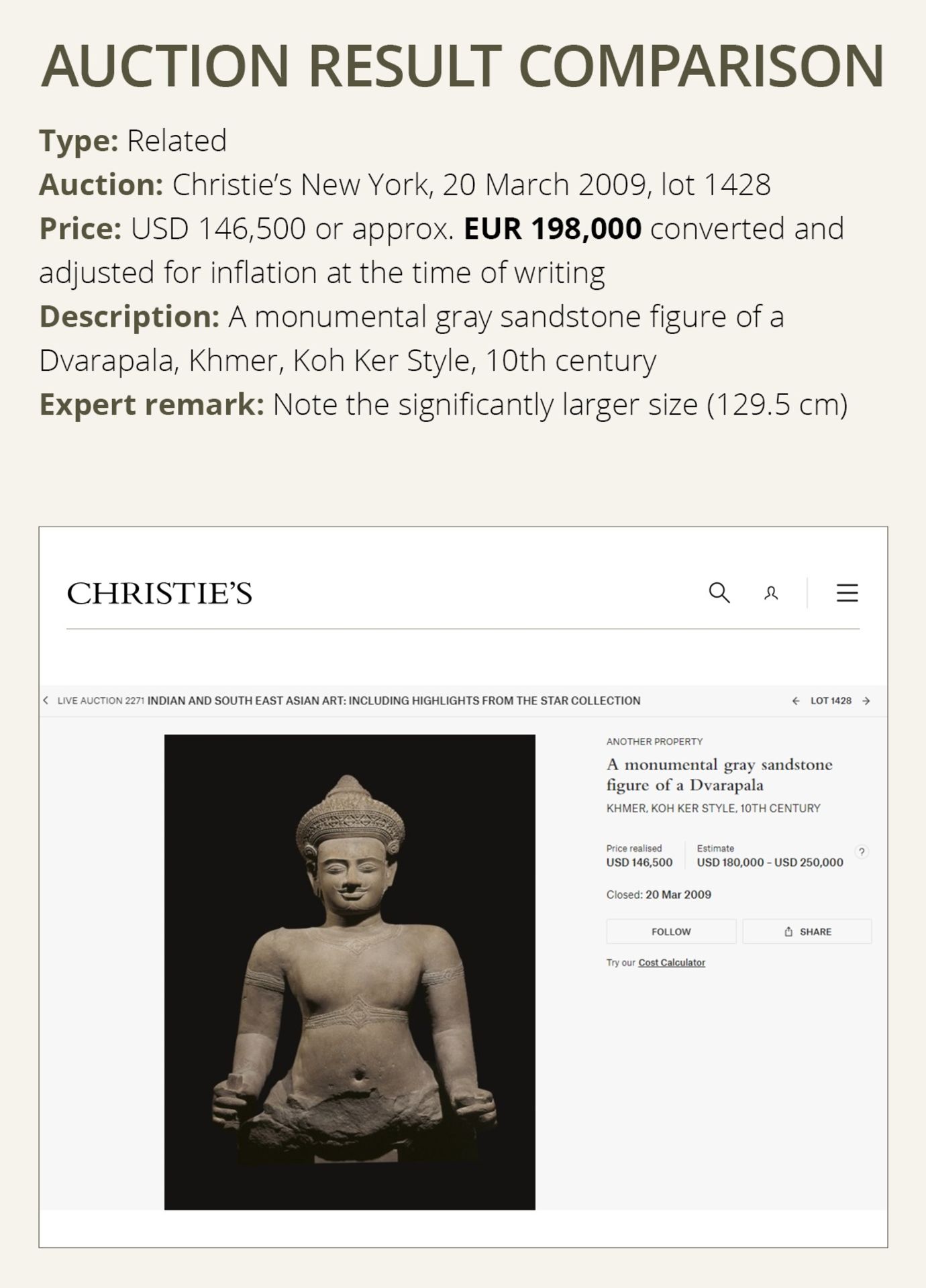 A SANDSTONE FIGURE OF A DVARAPALA, KOH KER STYLE, ANGKOR PERIOD - Image 5 of 12