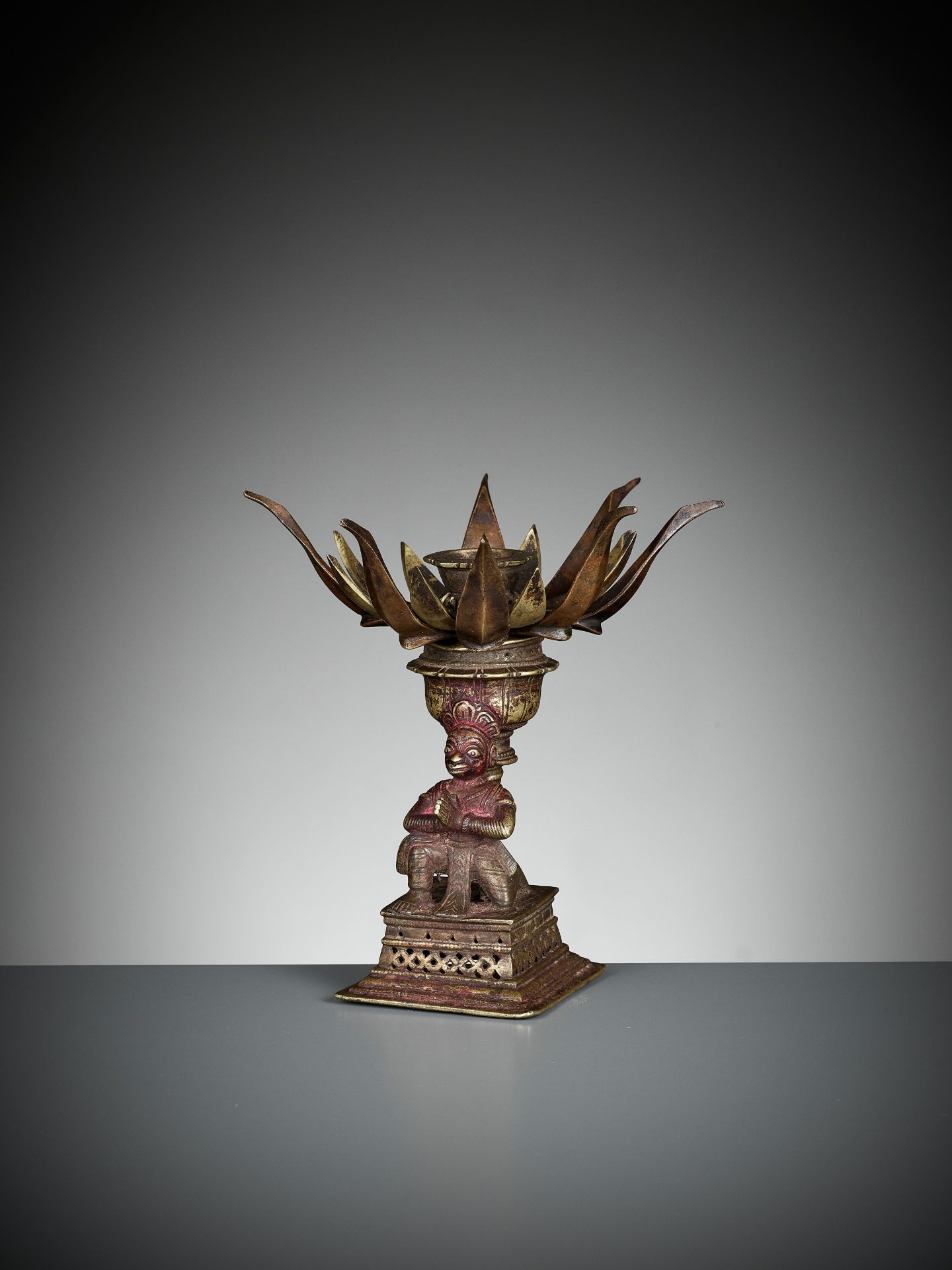 A BRONZE 'LOTUS MANDALA' LINGAM STAND WITH HANUMAN - Image 8 of 12