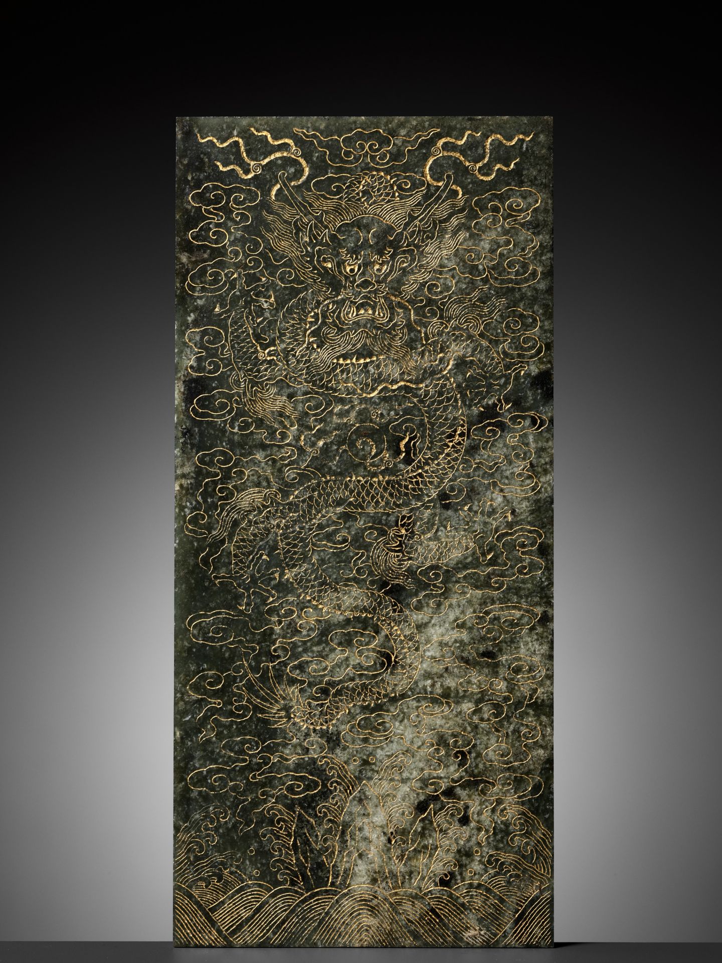 AN IMPERIAL 'YUNLONG' BOOK COVER, INSCRIBED BY EMPEROR QIANLONG, CARVED SPINACH-GREEN JADE, DATED BI - Image 9 of 15