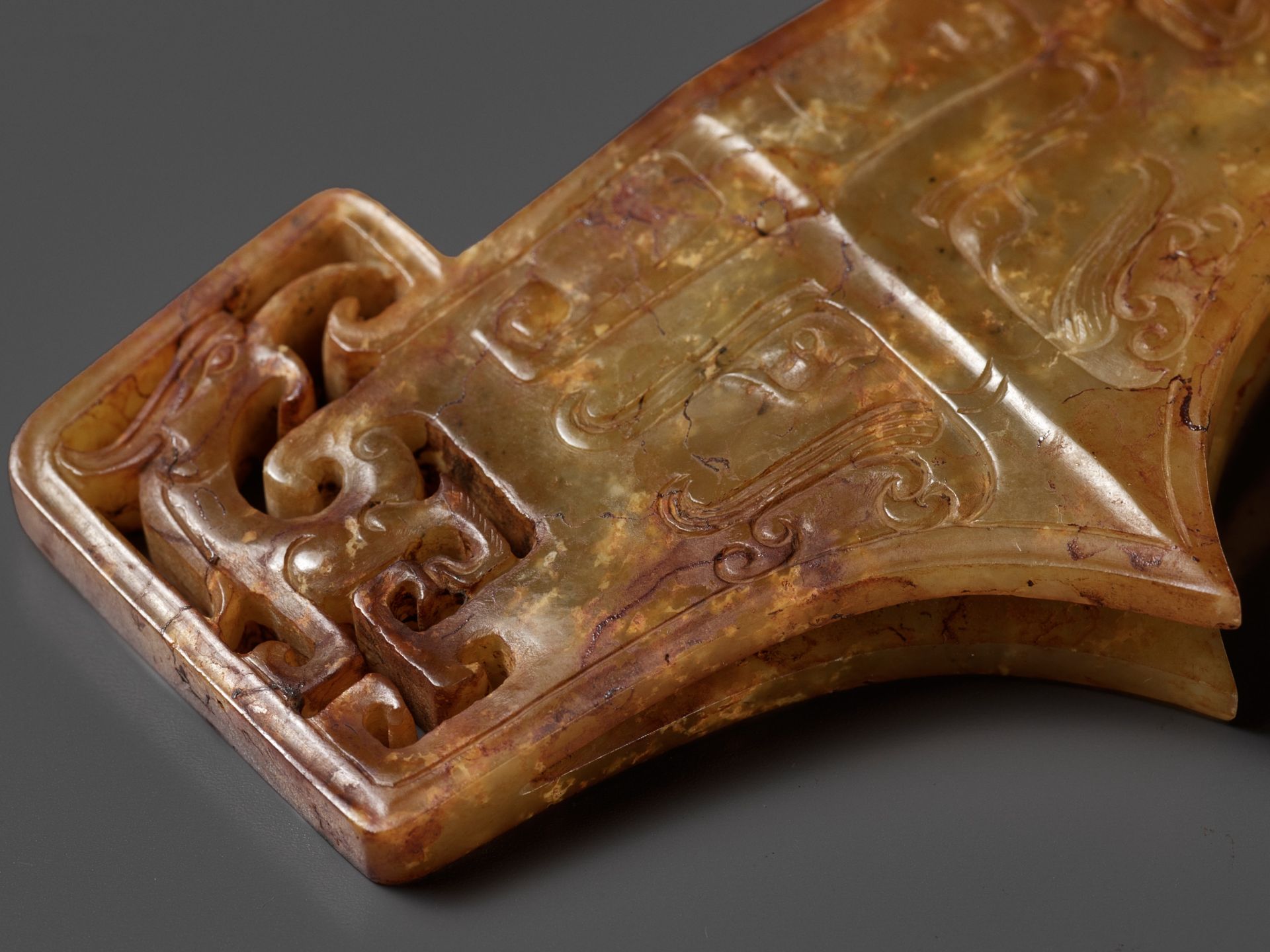 A RARE AND COMPLETE SET OF FOUR JADE OPENWORK SWORD FITTINGS, WESTERN HAN DYNASTY - Image 25 of 29