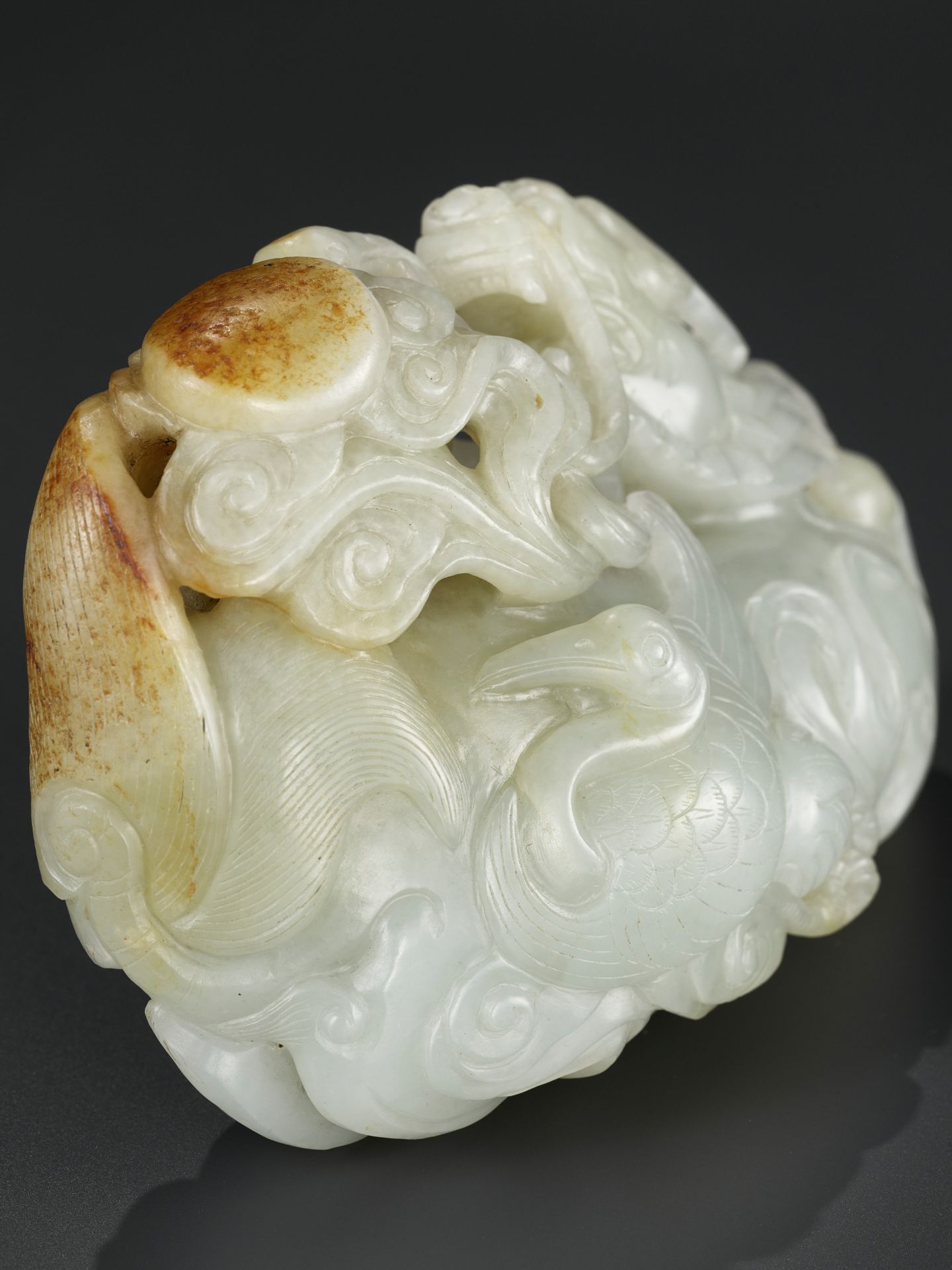 A CELADON AND RUSSET JADE 'QILIN AND CRANES' GROUP, 18TH CENTURY - Image 3 of 11