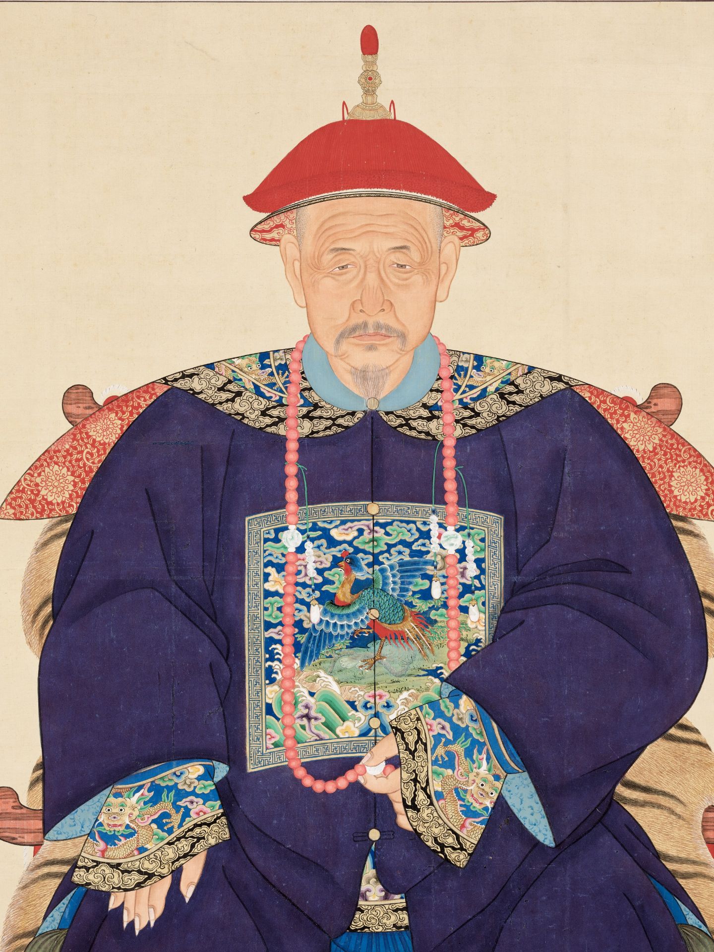 A SPECTACULAR PORTRAIT OF A SECOND-RANK CIVIL OFFICIAL, IMPERIAL SCHOOL, YONGZHENG, PRE-1730