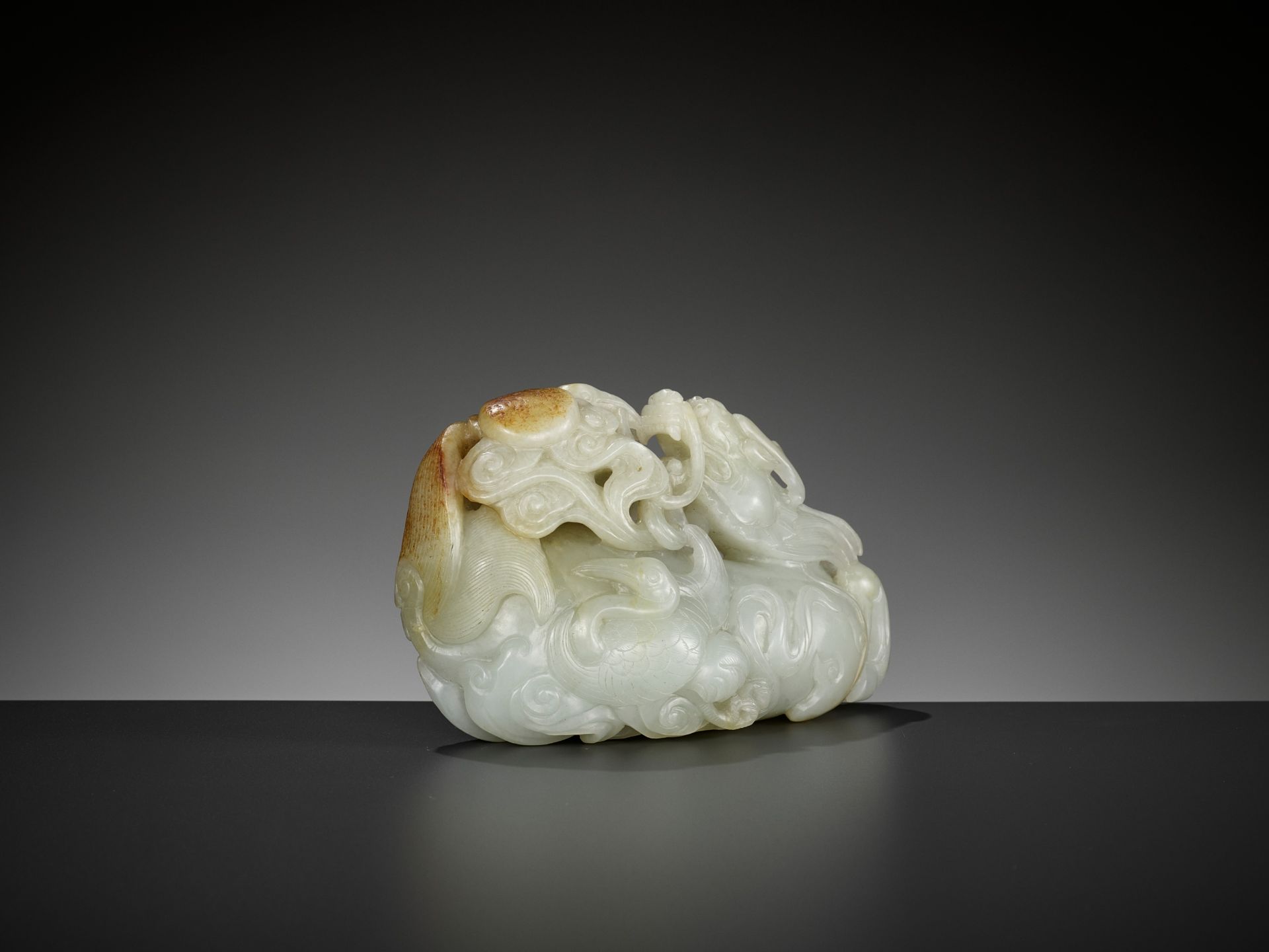 A CELADON AND RUSSET JADE 'QILIN AND CRANES' GROUP, 18TH CENTURY - Image 6 of 11