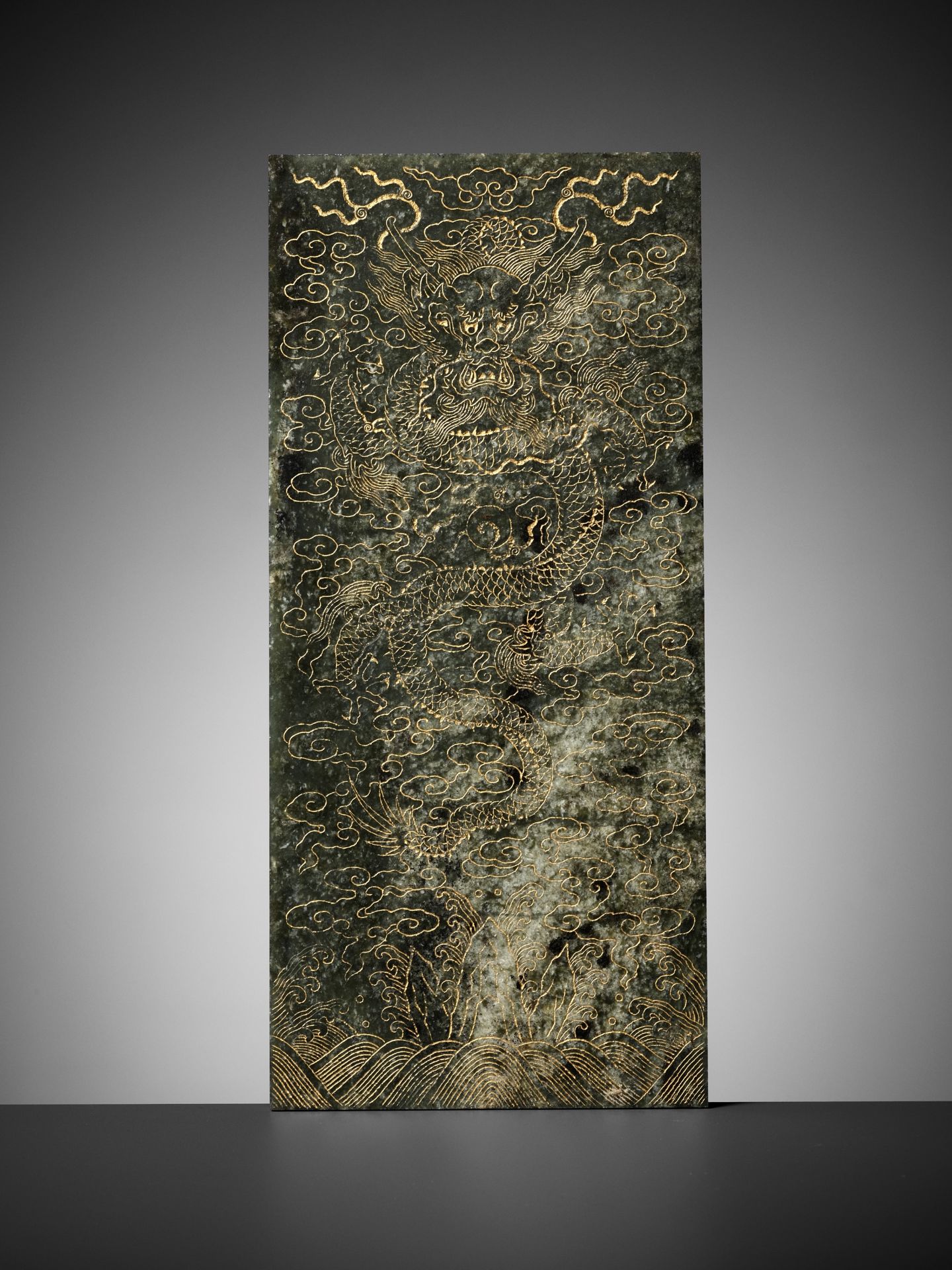 AN IMPERIAL 'YUNLONG' BOOK COVER, INSCRIBED BY EMPEROR QIANLONG, CARVED SPINACH-GREEN JADE, DATED BI - Image 2 of 15