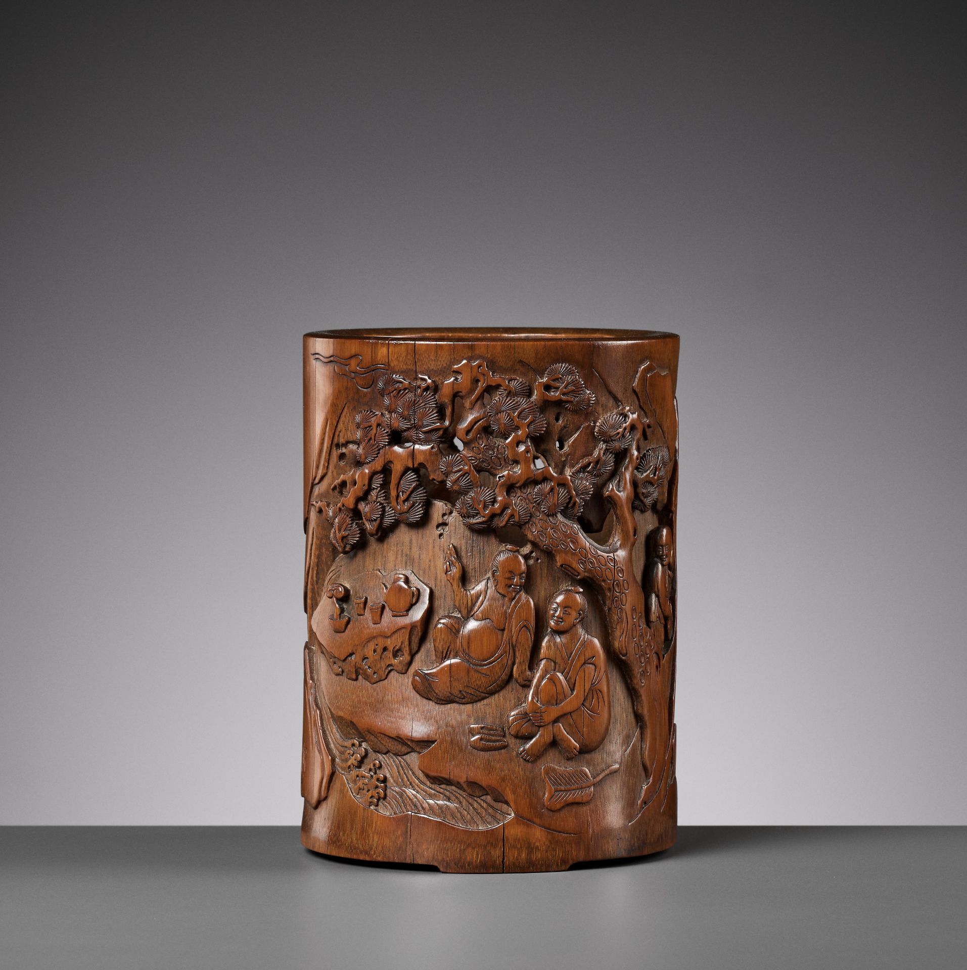 A JIADING SCHOOL BAMBOO BRUSHPOT, BITONG, SIGNED ZHOU E, 18TH CENTURY