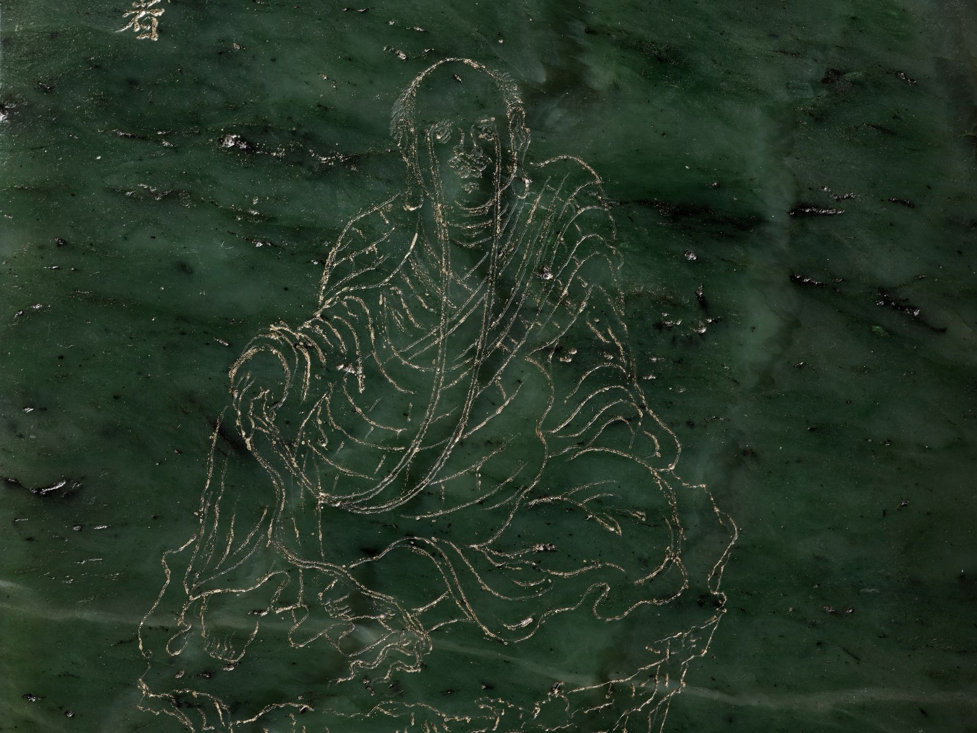 AN IMPERIAL SPINACH-GREEN JADE 'LUOHAN' PANEL AFTER GUANXIU (823-912 AD), WITH A POETIC EULOGY BY HO - Image 12 of 18