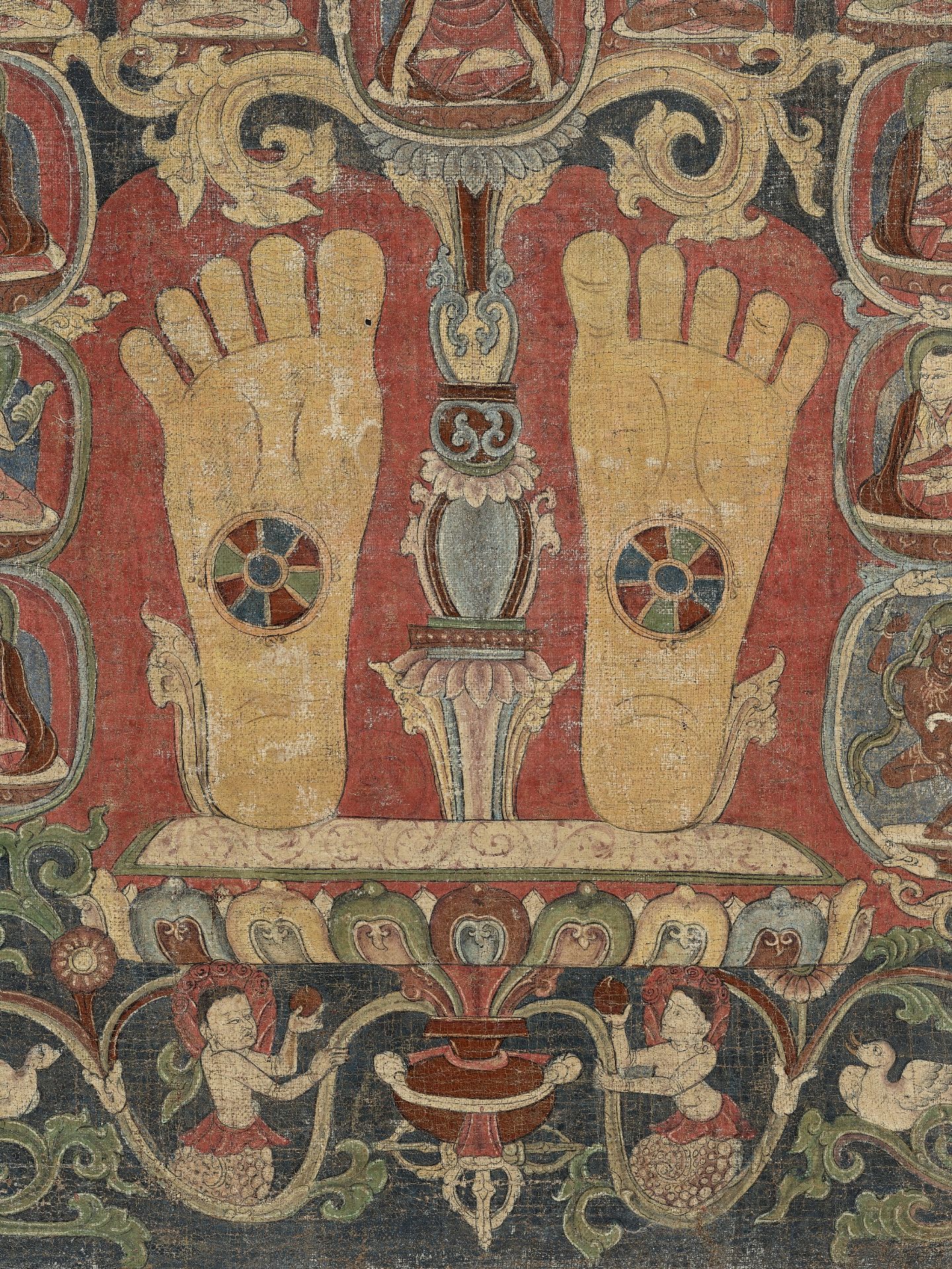 A RARE THANGKA WITH THE FOOTPRINTS OF A KARMAPA, TIBET, 14TH - 16TH CENTURY - Image 5 of 9