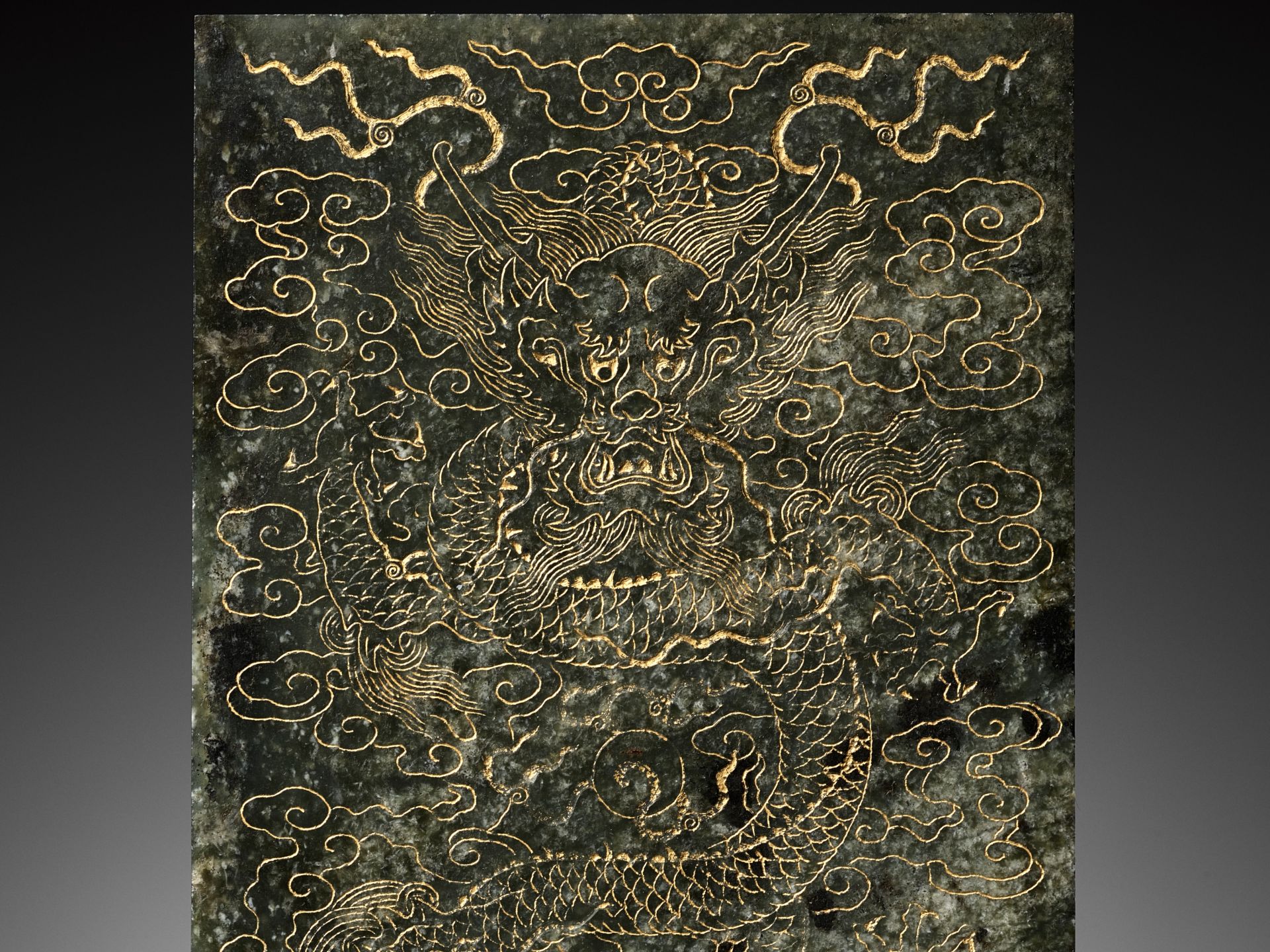 AN IMPERIAL 'YUNLONG' BOOK COVER, INSCRIBED BY EMPEROR QIANLONG, CARVED SPINACH-GREEN JADE, DATED BI - Image 15 of 15