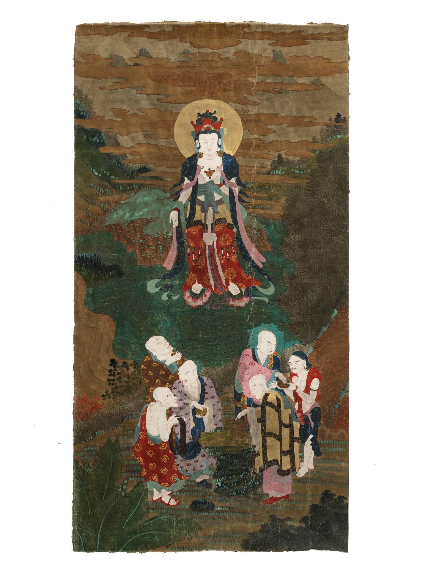 AN EXTREMELY LARGE 'GUANYIN AND LUOHAN' BUDDHIST TEMPLE PAINTING, MING DYNASTY OR EARLIER - Image 2 of 9