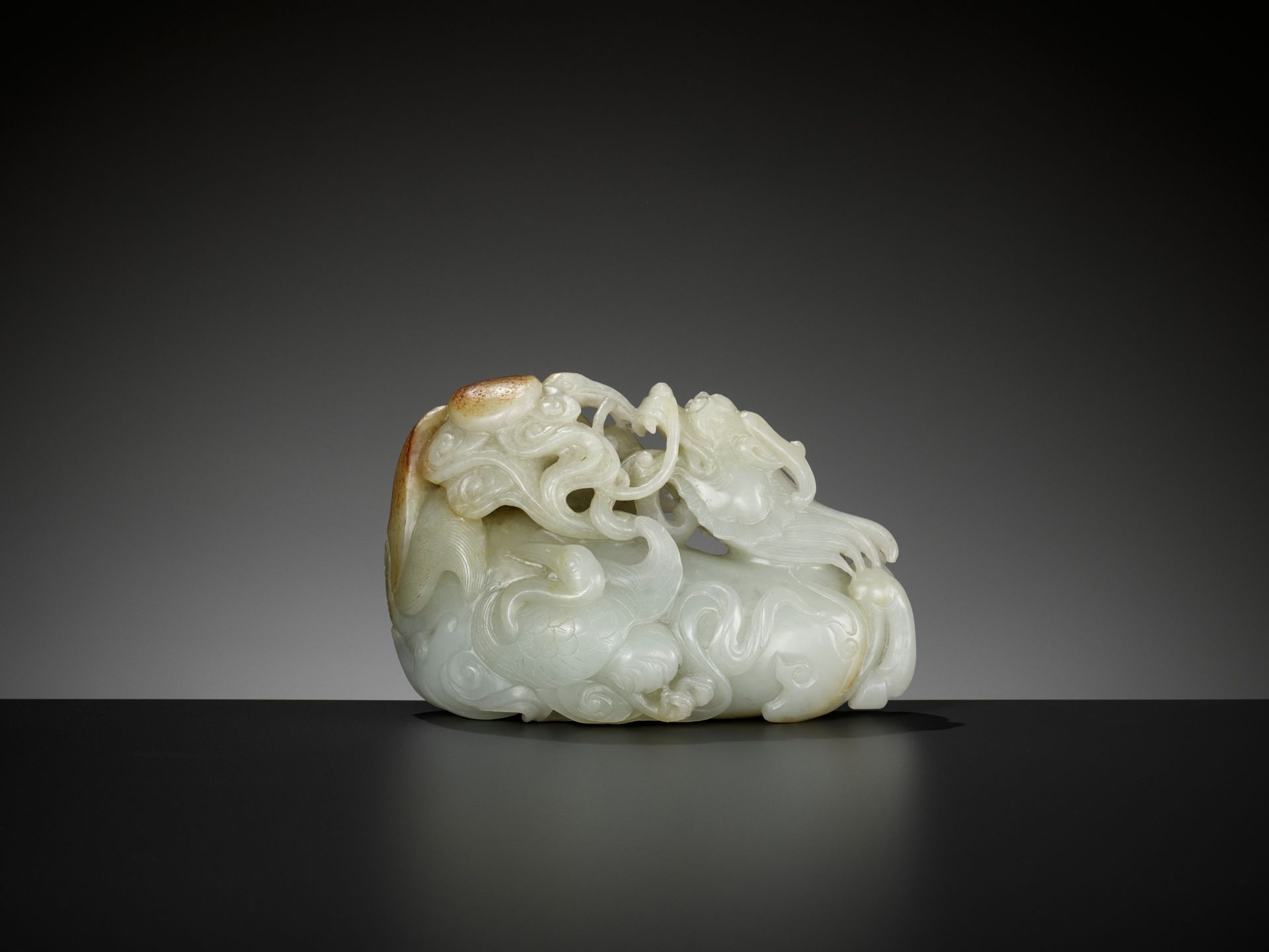 A CELADON AND RUSSET JADE 'QILIN AND CRANES' GROUP, 18TH CENTURY - Image 5 of 11