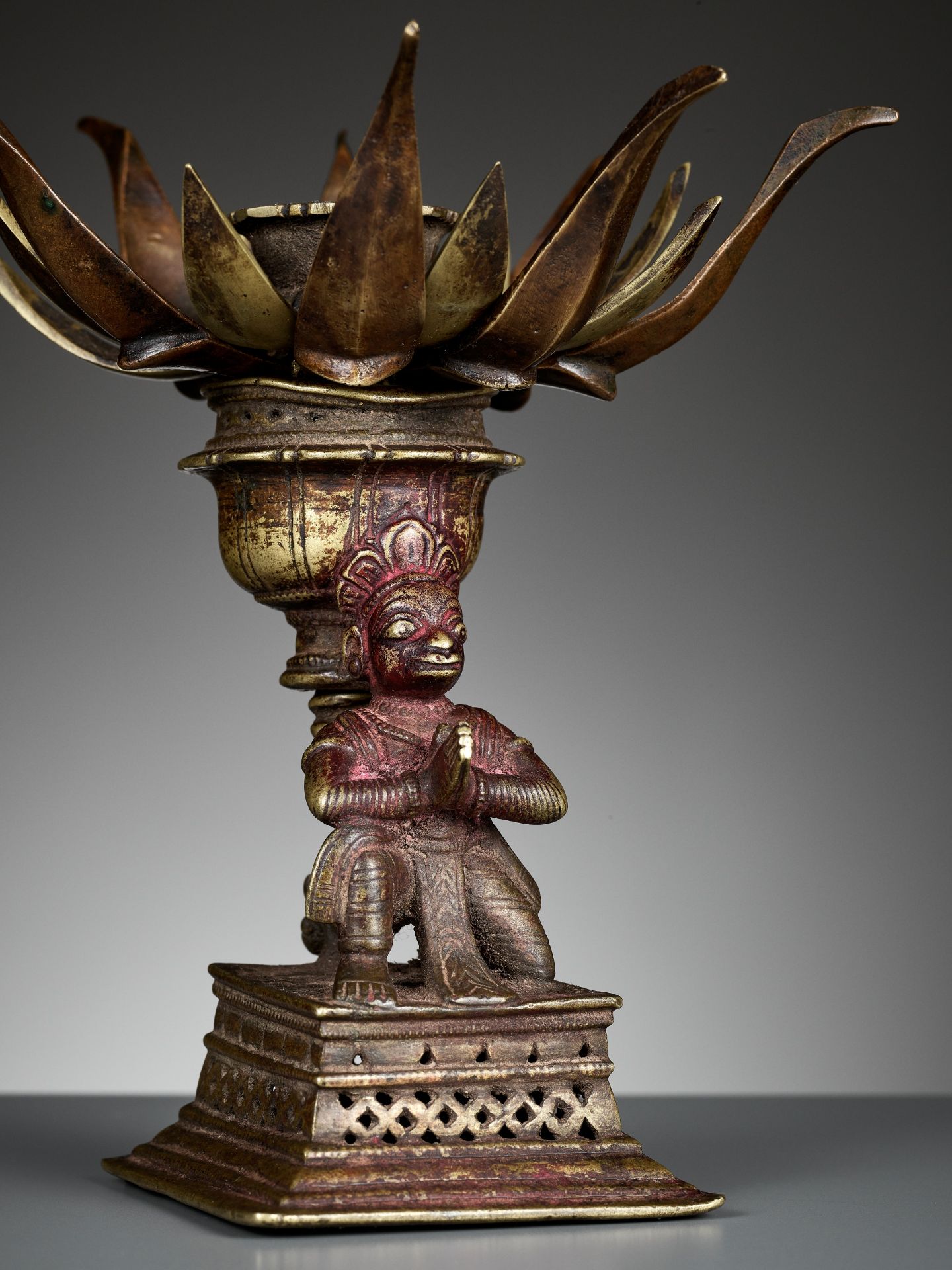 A BRONZE 'LOTUS MANDALA' LINGAM STAND WITH HANUMAN - Image 2 of 12