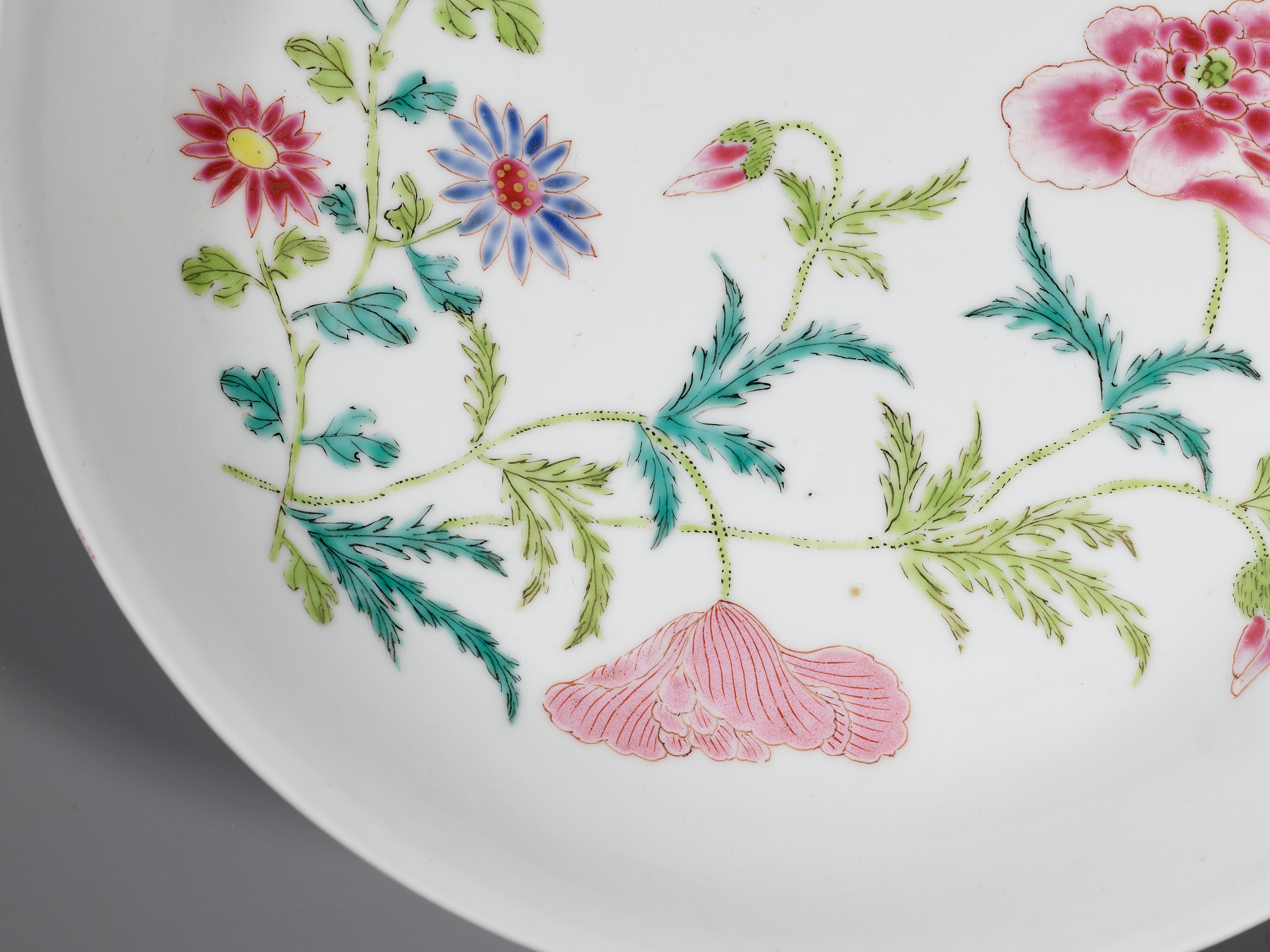 A FAMILLE ROSE 'BUTTERFLY AND FLOWERS' SAUCER DISH, YONGZHENG MARK AND PERIOD - Image 7 of 16