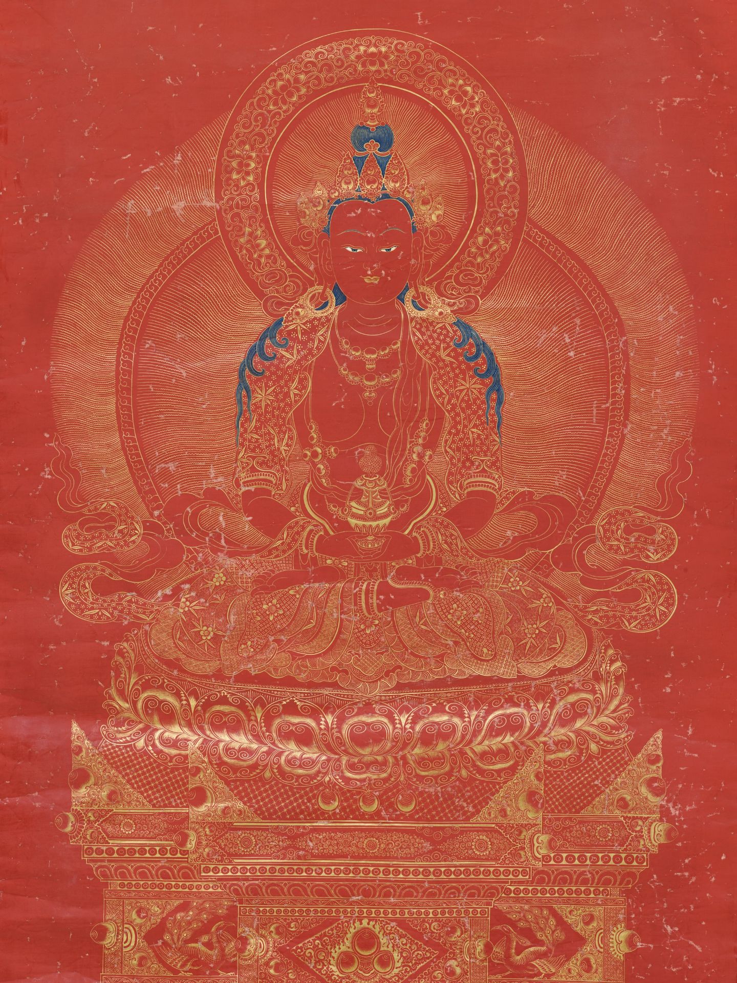 A RED-GROUND AND GILT THANGKA OF AMITAYUS, WULIANG SHOUFO - Image 3 of 8