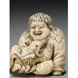 TOMOTADA: A RARE AND IMPORTANT IVORY NETSUKE OF GAMA SENNIN WITH HIS TOAD