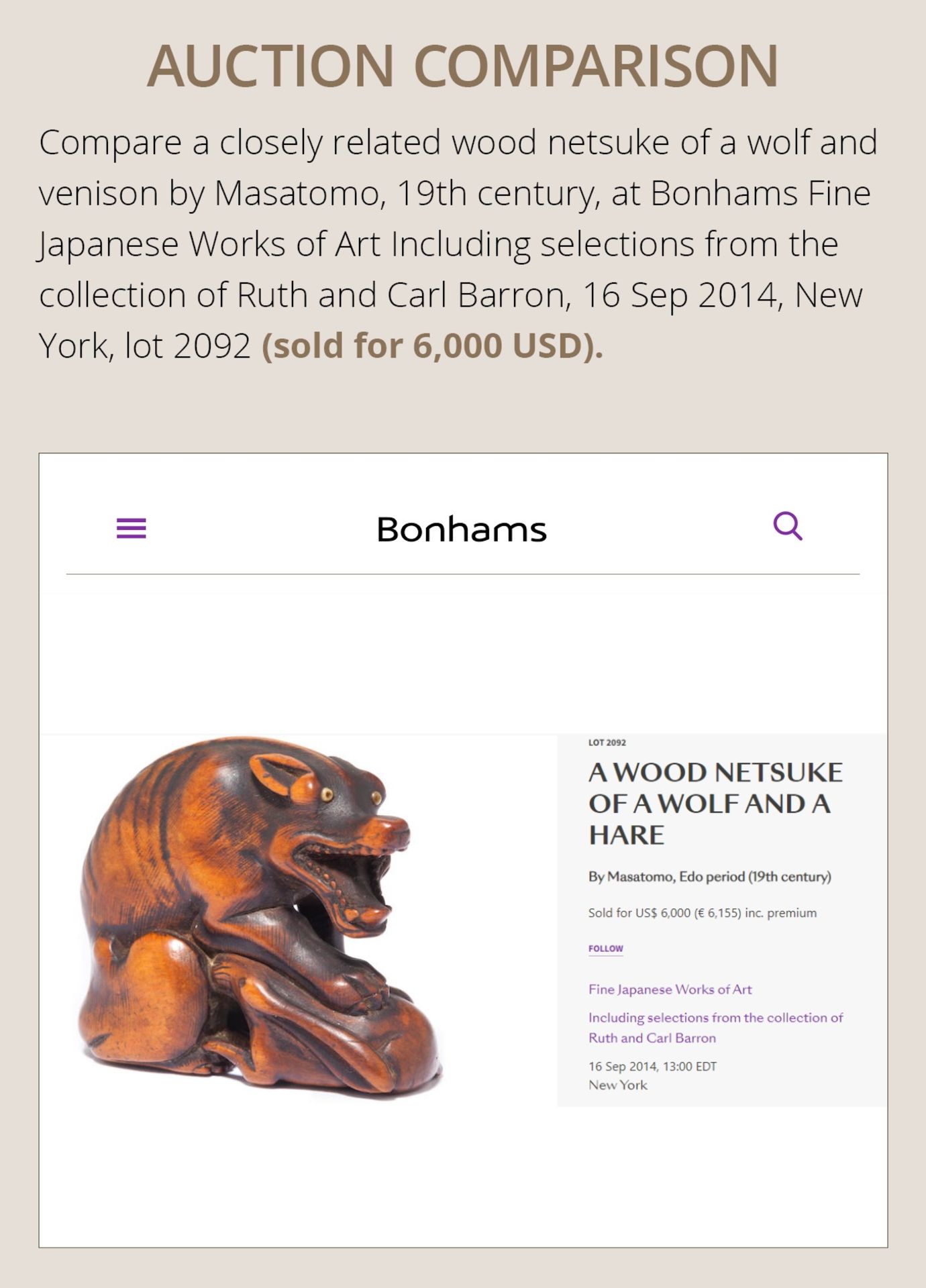 MASATOMO: A WOOD NETSUKE OF A WOLF WITH HAUNCH OF VENISON - Bild 4 aus 10