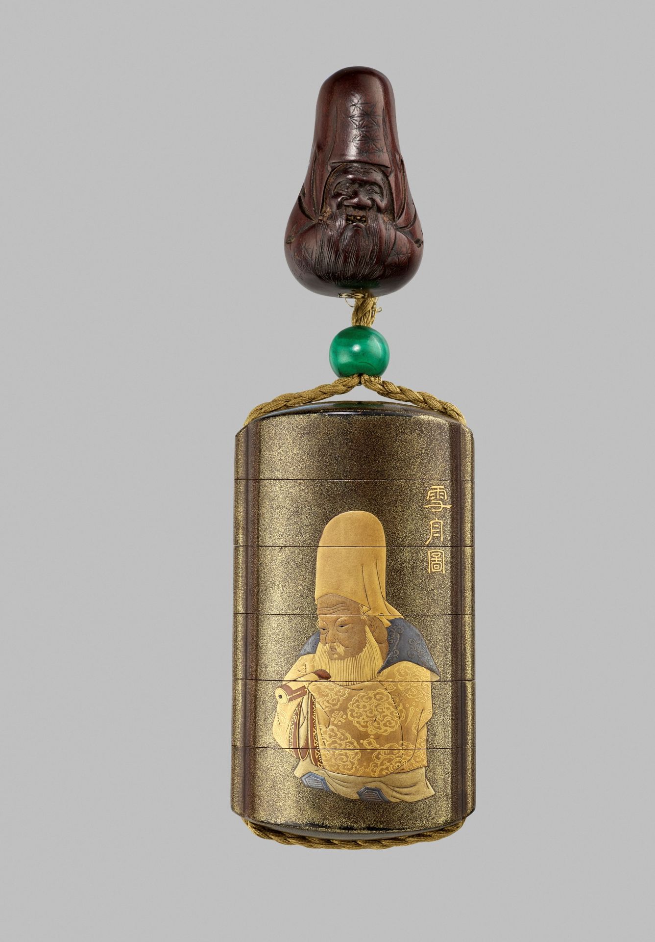 SORYUSAI: A FINE GOLD LACQUER FIVE-CASE INRO DEPICTING JUROJIN AND MINOGAME, WITH EN SUITE NETSUKE