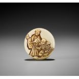 JUGYOKU: A FINE IVORY MANJU NETSUKE DEPICTING A SCENE FROM THE KYOGEN PLAY TSURIGITSUNE