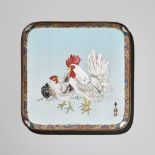 KINZAN: A CLOISONNÃ‰ ENAMEL SQUARE TRAY WITH COCKEREL AND HEN